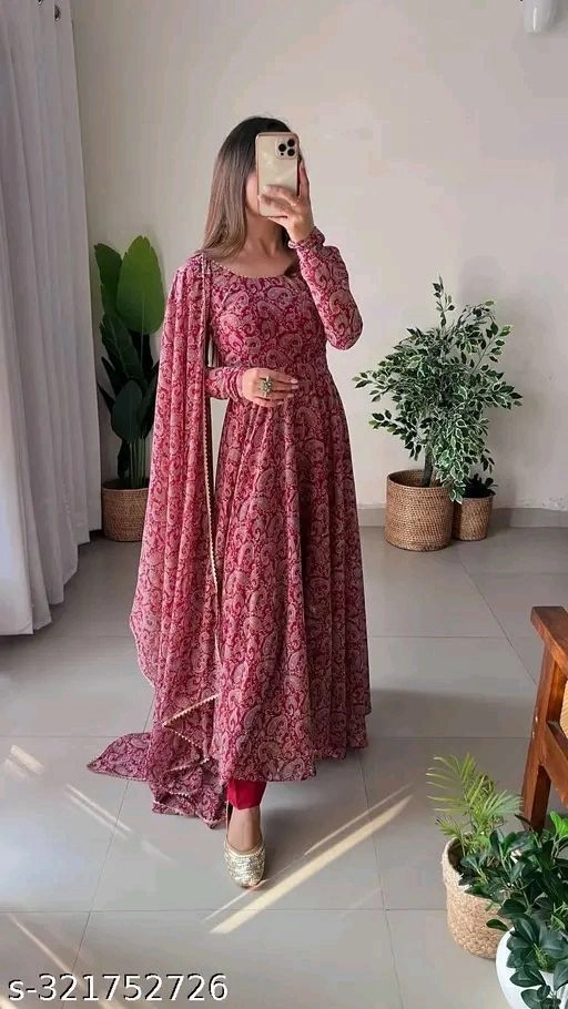 Maroon Digitally Printed Georgette Gown with Dupatta – Elegant Women’s Ethnic Wear 4
