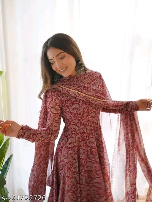 Maroon Digitally Printed Georgette Gown with Dupatta – Elegant Women’s Ethnic Wear 6
