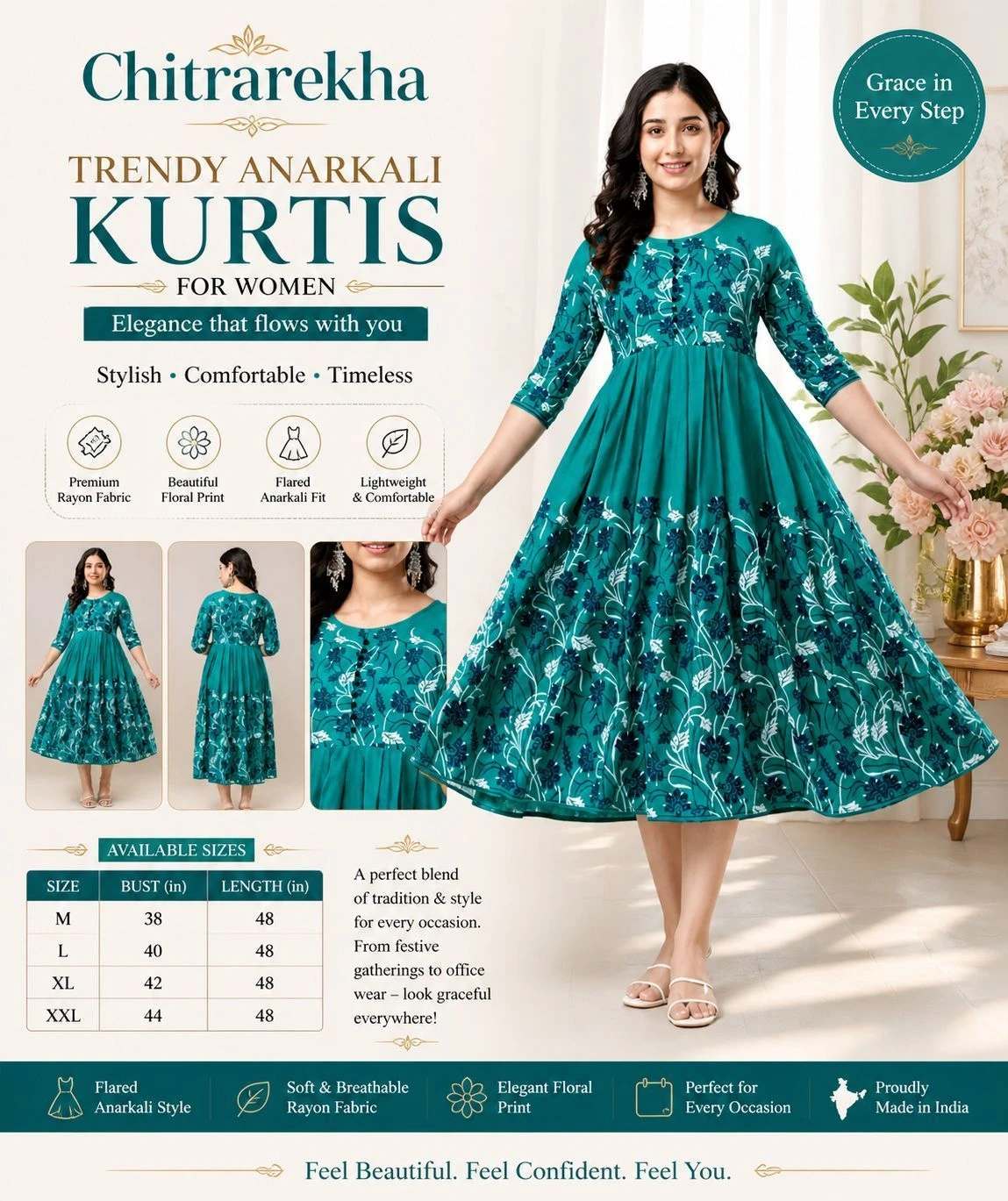 Chitrarekha Trendy Printed Rayon Anarkali Kurti for Women – Elegant Flared Design