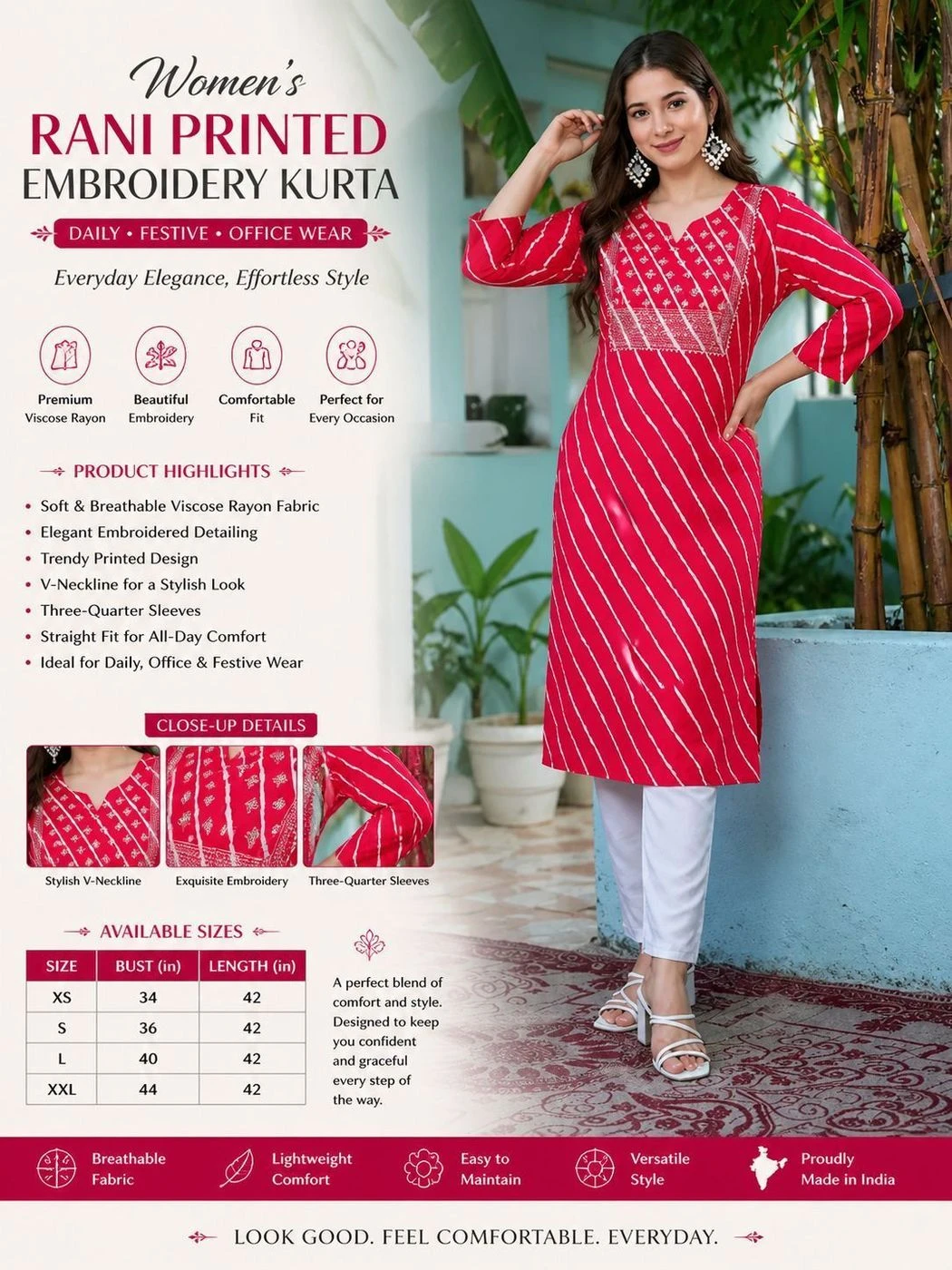 Women’s Rani Printed Embroidered Straight Kurta – Daily, Office & Festive Wear