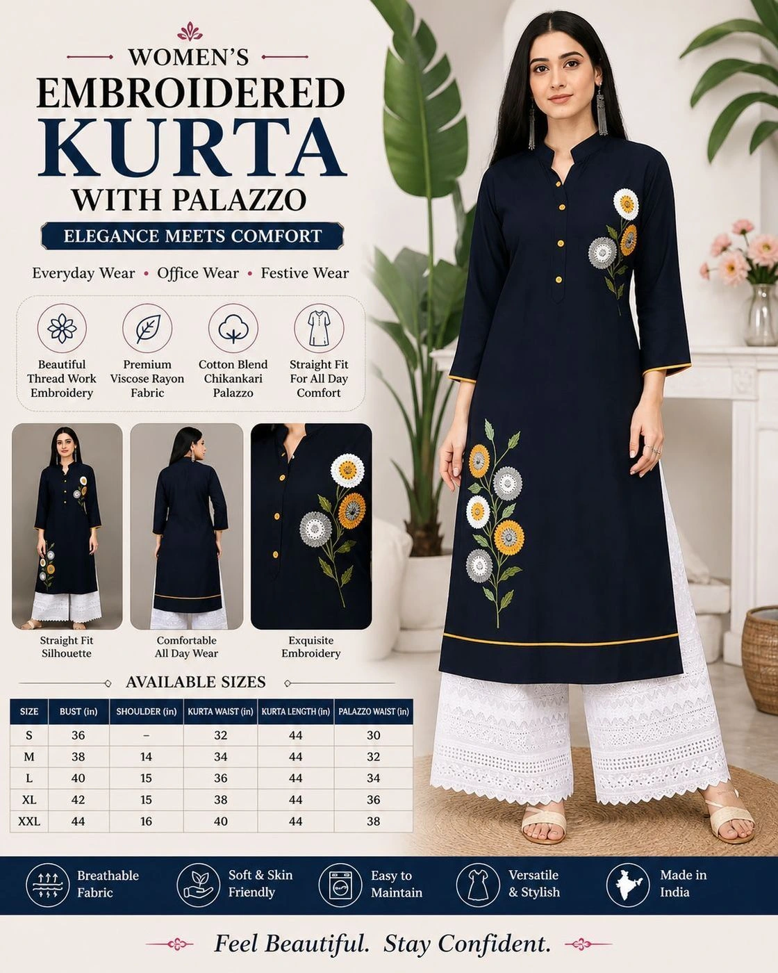 Women’s Cotton Embroidered Straight Kurta with Palazzo Set – Stylish Daily & Festive Wear
