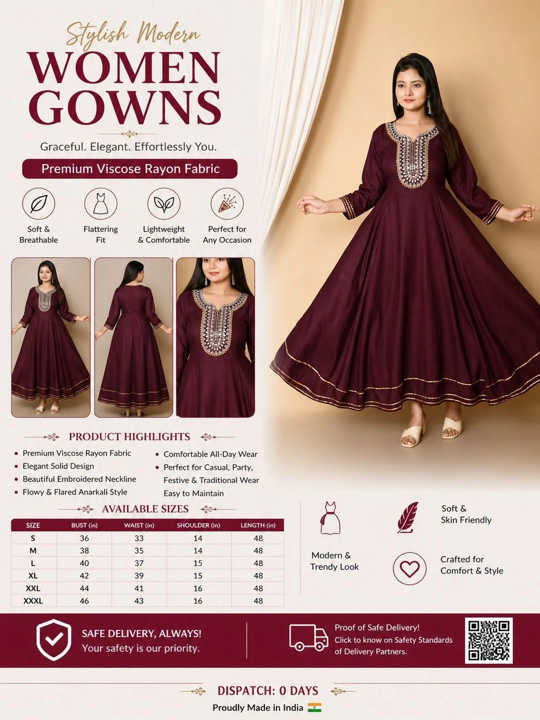 Stylish Modern Women Gown – Premium Viscose Rayon Elegant Anarkali Dress