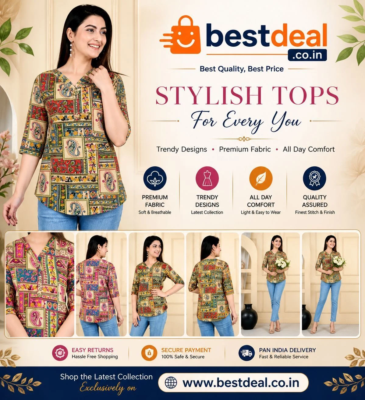 Stylish Printed Polycotton Tops & Tunics for Women | 3/4 Sleeve Casual Wear | Sizes S to 5XL