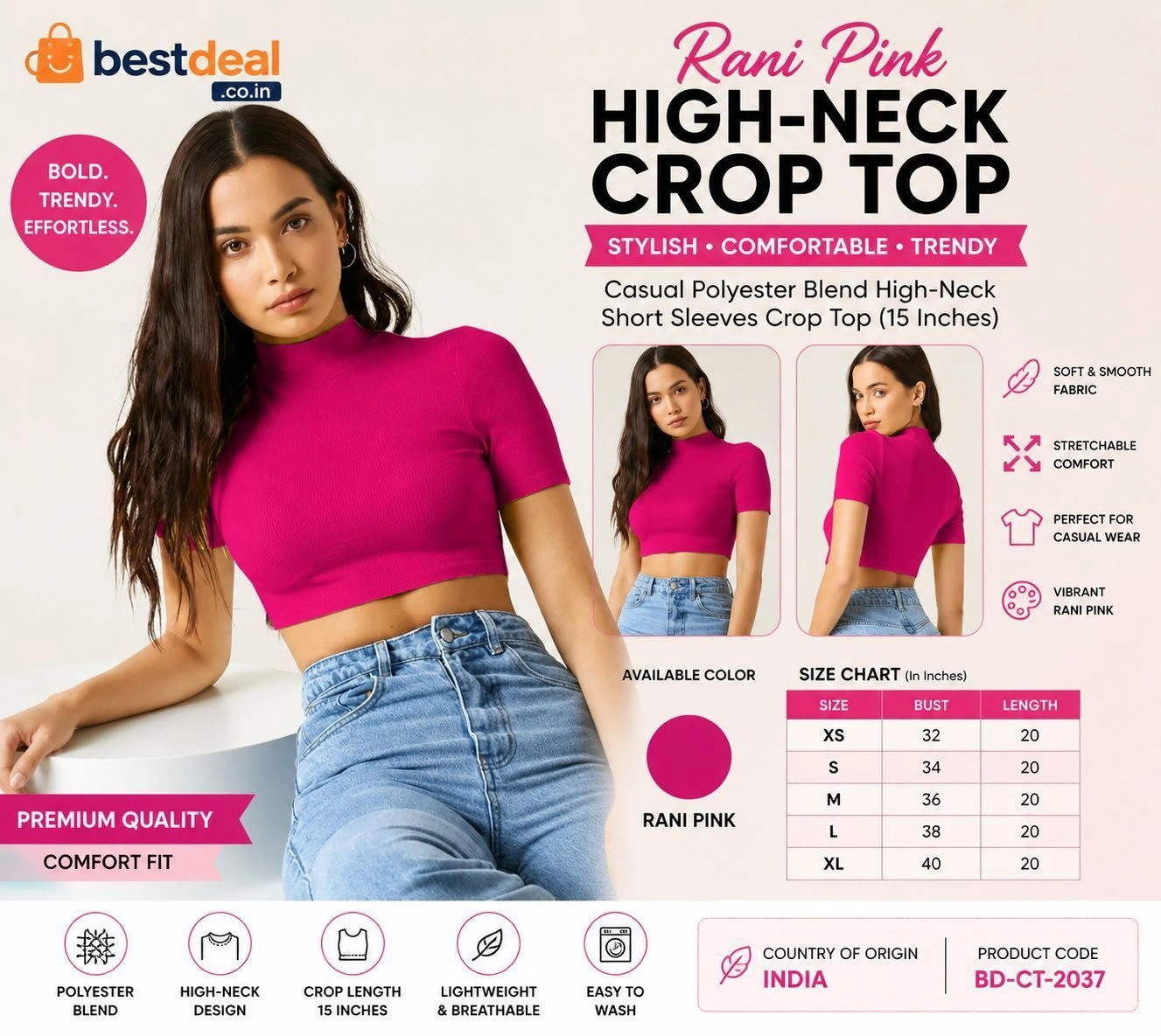 Women’s Rani Pink High-Neck Crop Top | Polyester Blend | Short Sleeve Stylish Casual Top