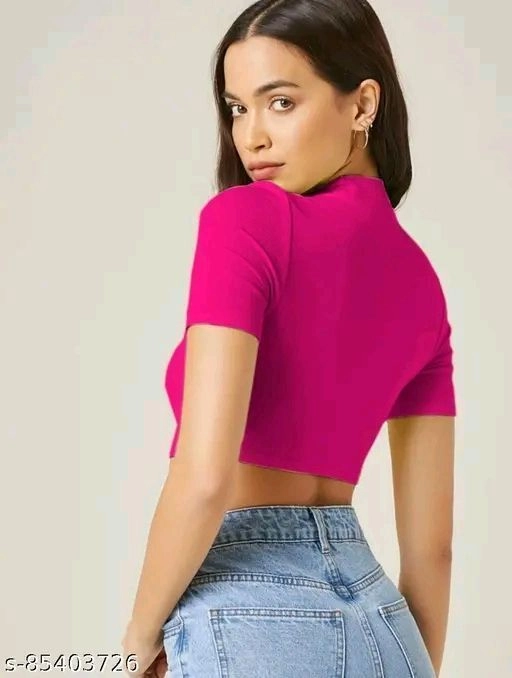 Women’s Rani Pink High-Neck Crop Top | Polyester Blend | Short Sleeve Stylish Casual Top 2