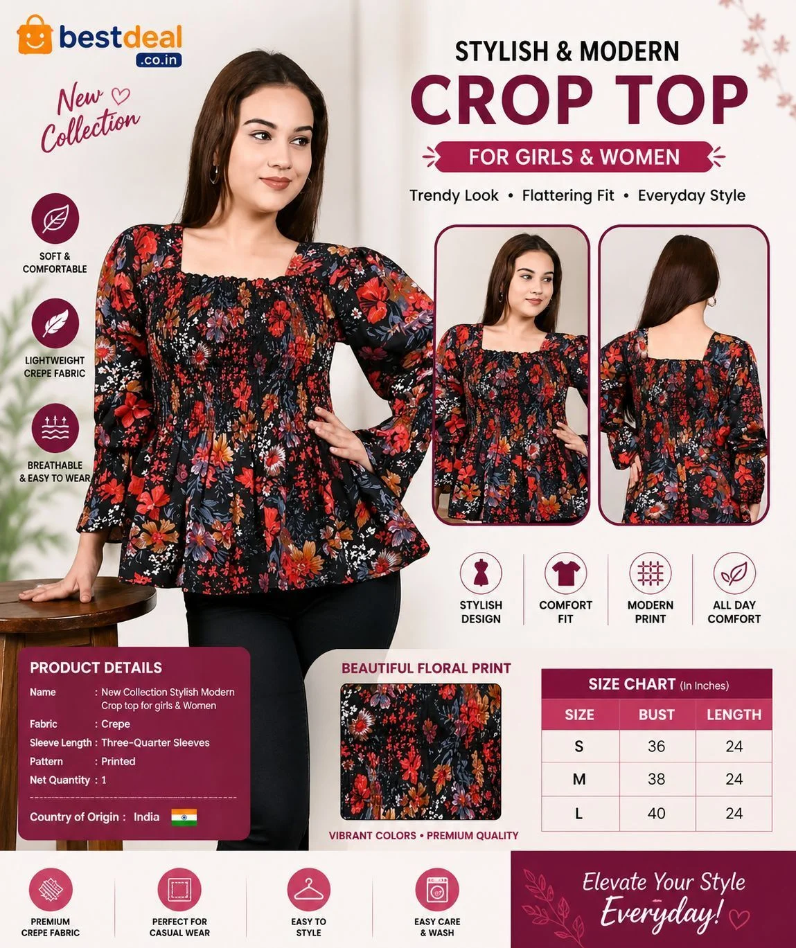 Women’s Stylish Floral Printed Crepe Crop Top | 3/4 Sleeve Casual Top for Girls & Women