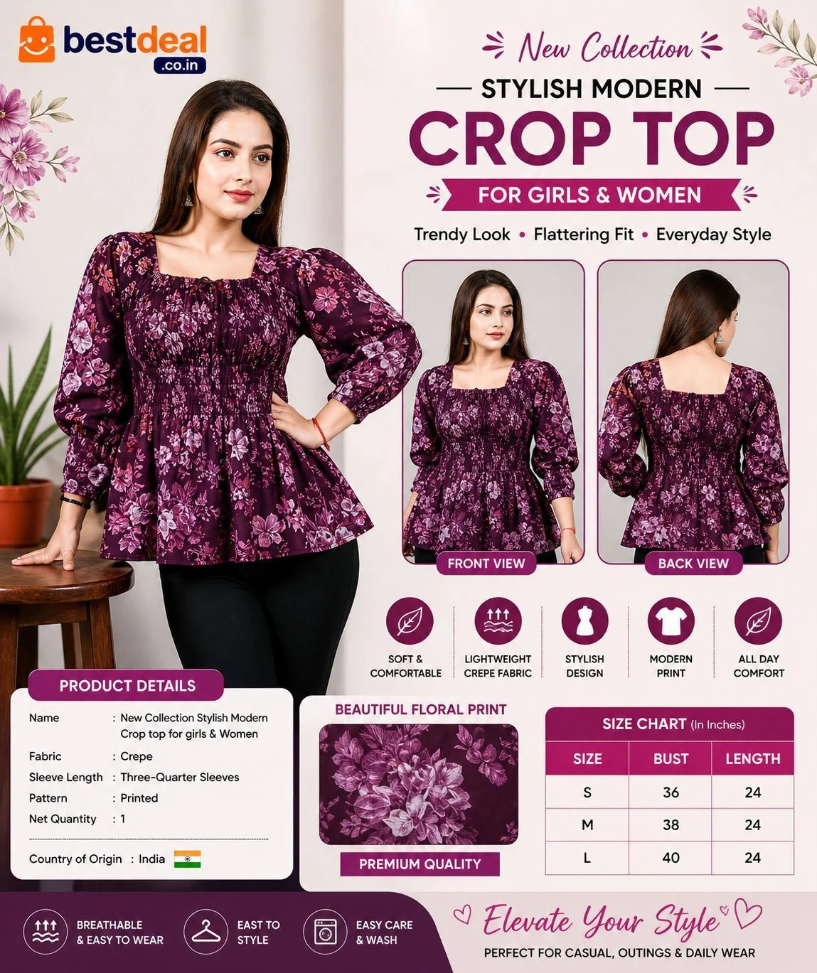 Women’s Purple Floral Printed Georgette Maxi Gown | Puff Sleeve Round Neck Flared Ethnic Dress