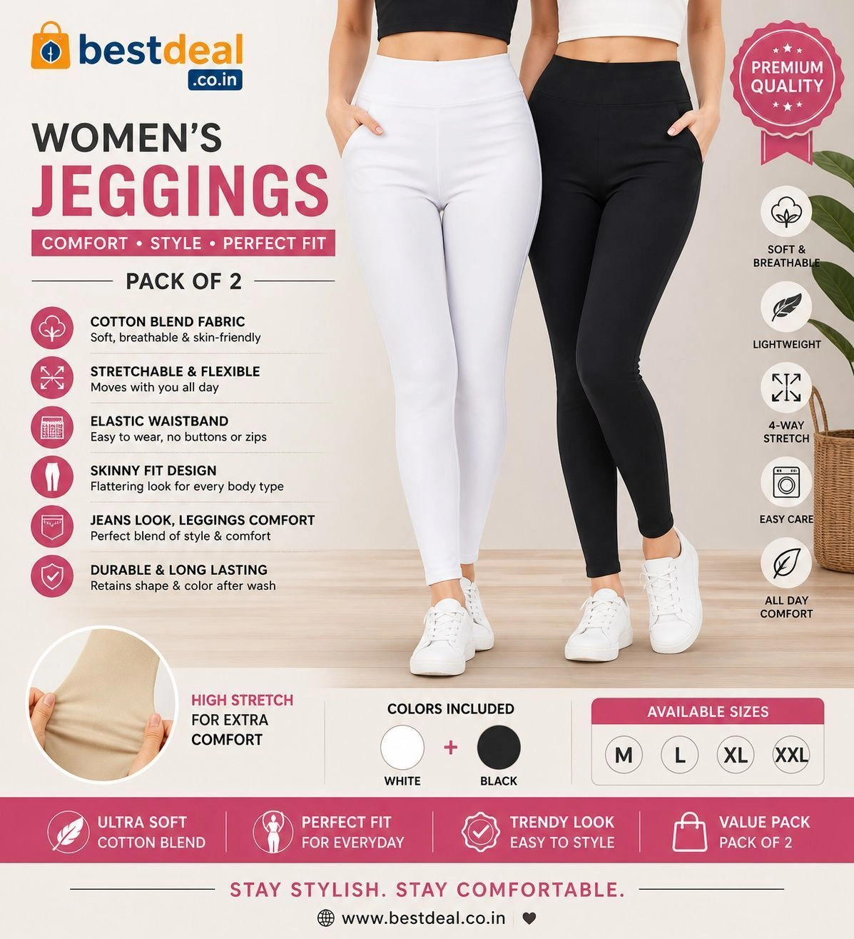 Women’s Cotton Stretch Jeggings Pack of 2 | High Waist Skinny Fit Comfortable Jeggings for Daily Wear