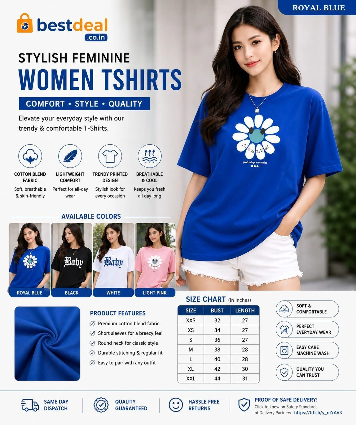 Women’s Oversized Royal Blue Printed T-Shirt | Cotton Blend Casual Loose Fit Tee for Girls & Women