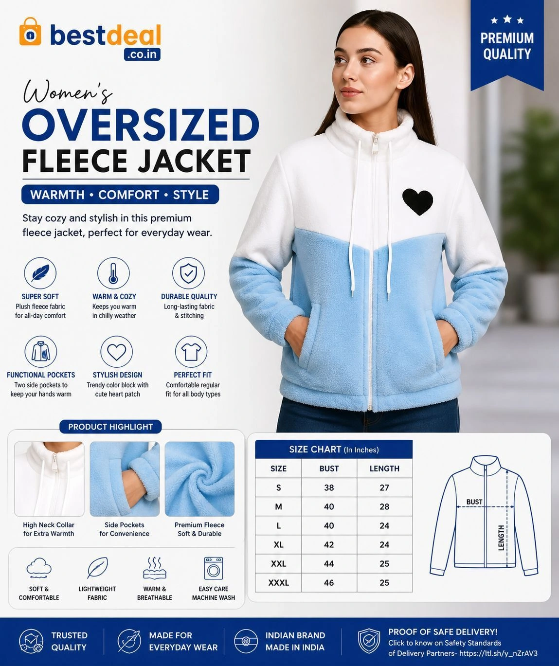 Women’s Two-Tone Fur Jacket with Heart Patch | Full Sleeve Zip-Up Winter Jacket for Women