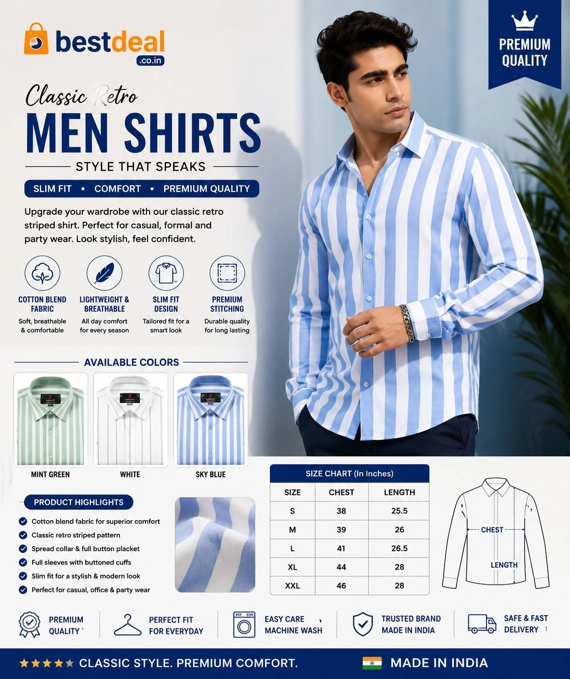 Men’s Classic Retro Striped Shirt | Slim Fit Cotton Blend Casual & Formal Shirt for Men