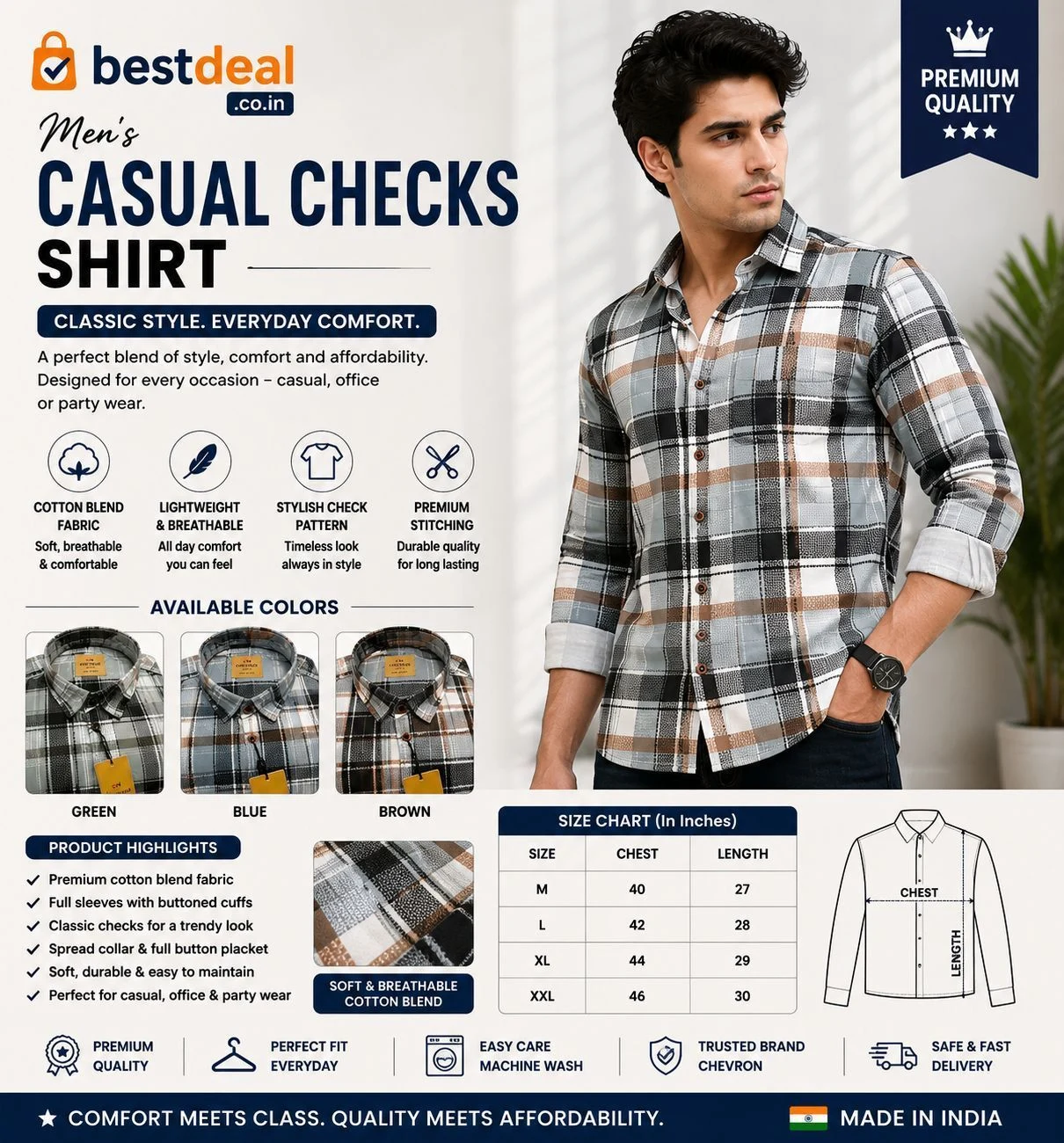 Men’s Casual Checked Cotton Blend Shirt | Stylish Full Sleeve Check Shirt for Men