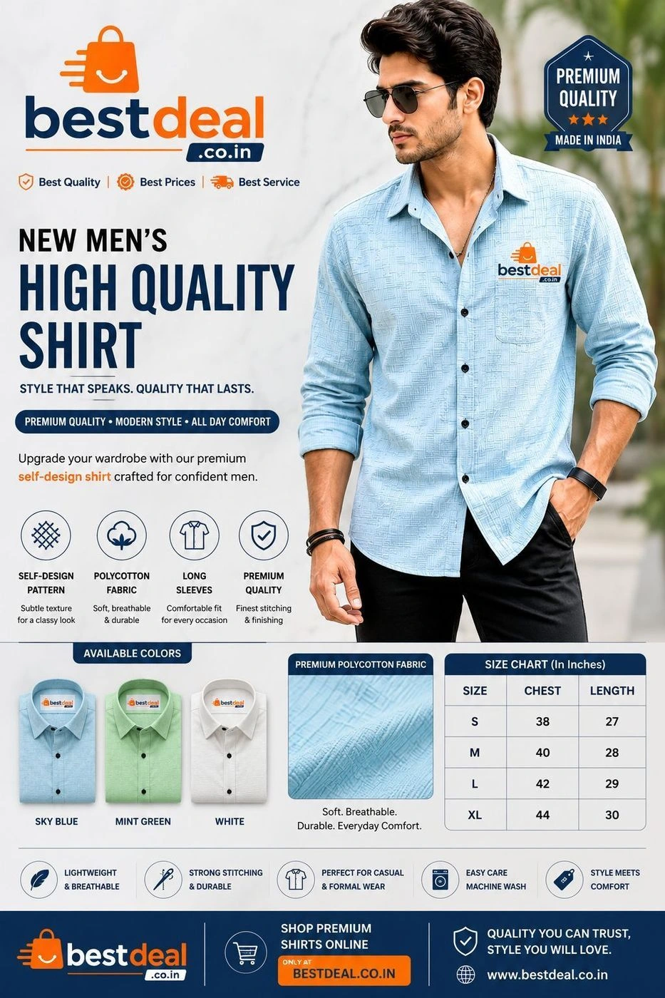 Men’s Premium Self-Design Polycotton Shirt | Stylish Full Sleeve Casual Shirt for Men