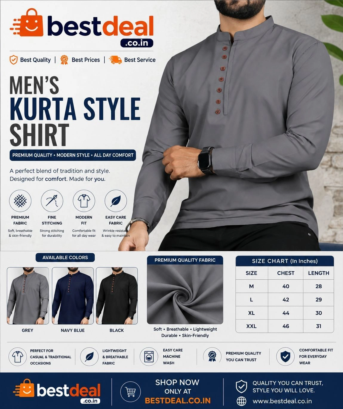 Trendz Men’s Solid Kurta | Stylish Cotton Blend Full Sleeve Casual & Ethnic Kurta for Men