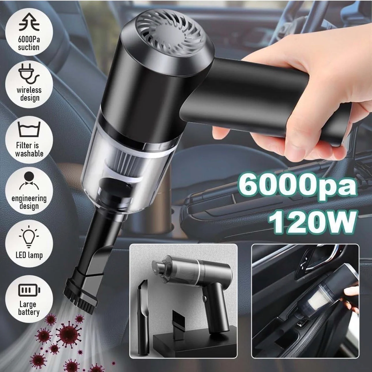 3 In 1 Mini Car Vacuum - Wireless, Rechargeable, L Blower & Dust Cleaner For Car & Home