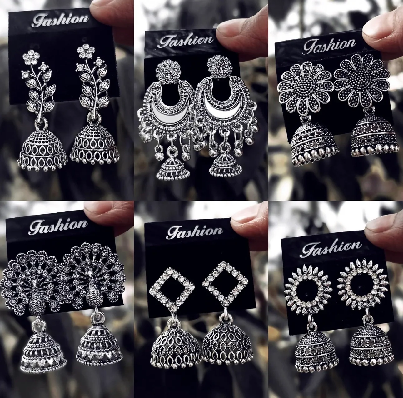 Traditional Oxidised Silver Jhumka Earrings Set Stylish Big Jhumki (6Pair Combo)
