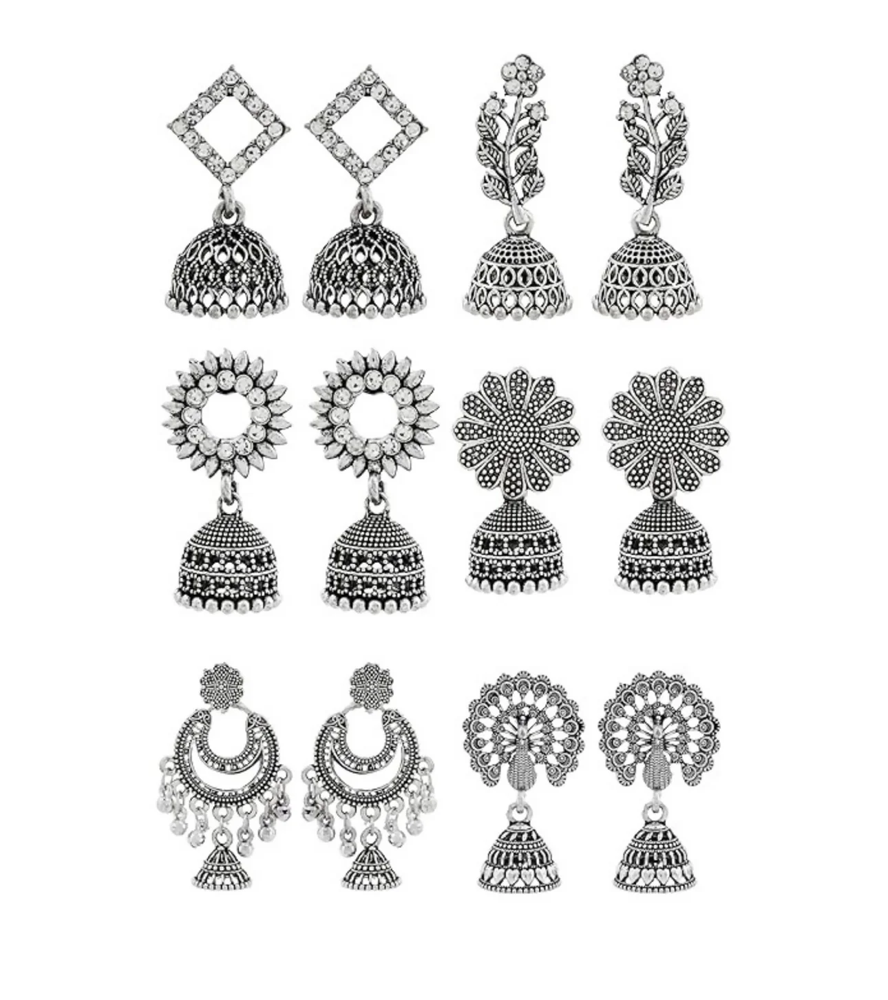 Traditional Oxidised Silver Jhumka Earrings Set Stylish Big Jhumki (6Pair Combo) 3