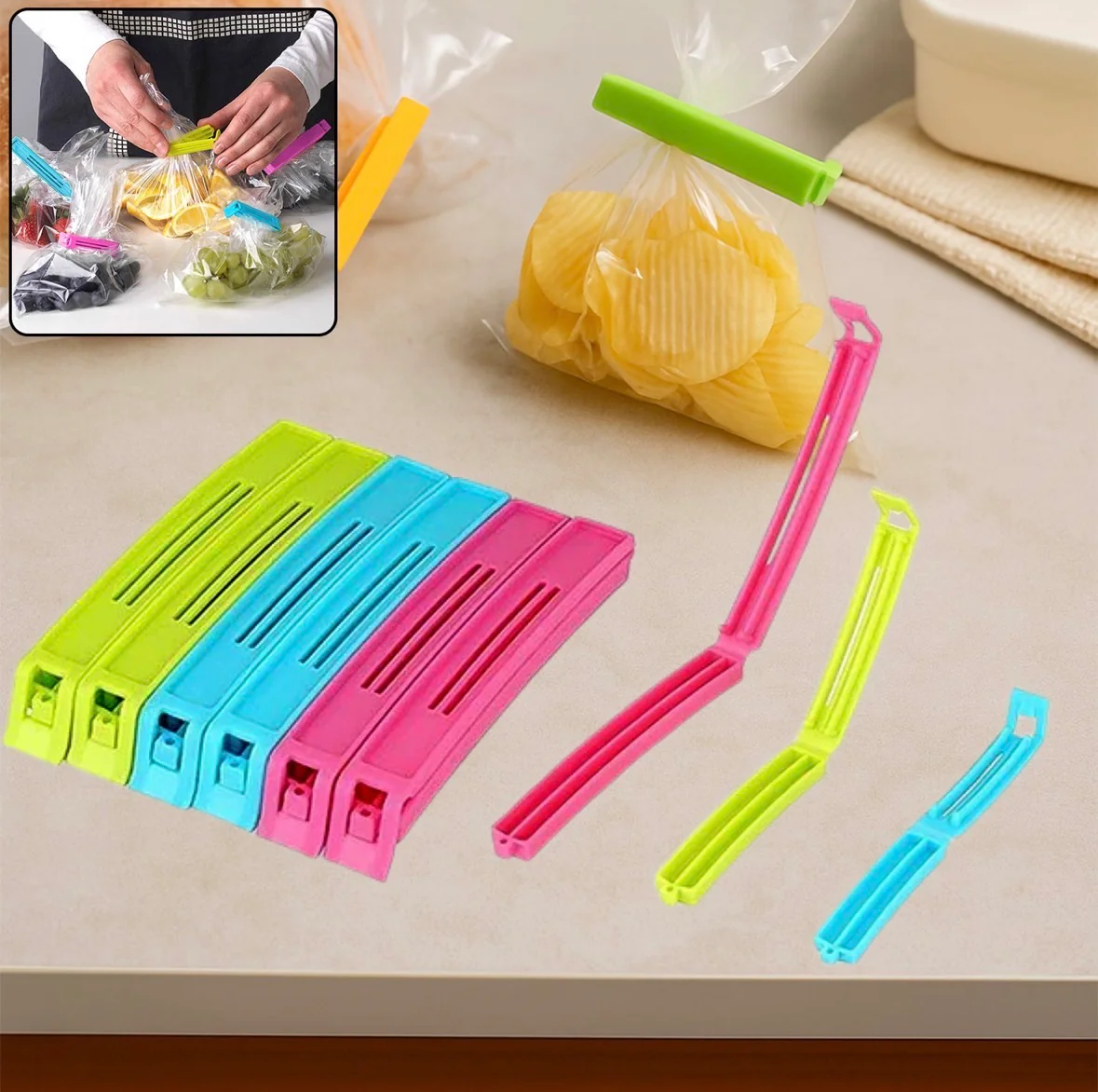 Plastic Snack Bag Clip Sealer Set (18 Pcs, Multicolour)