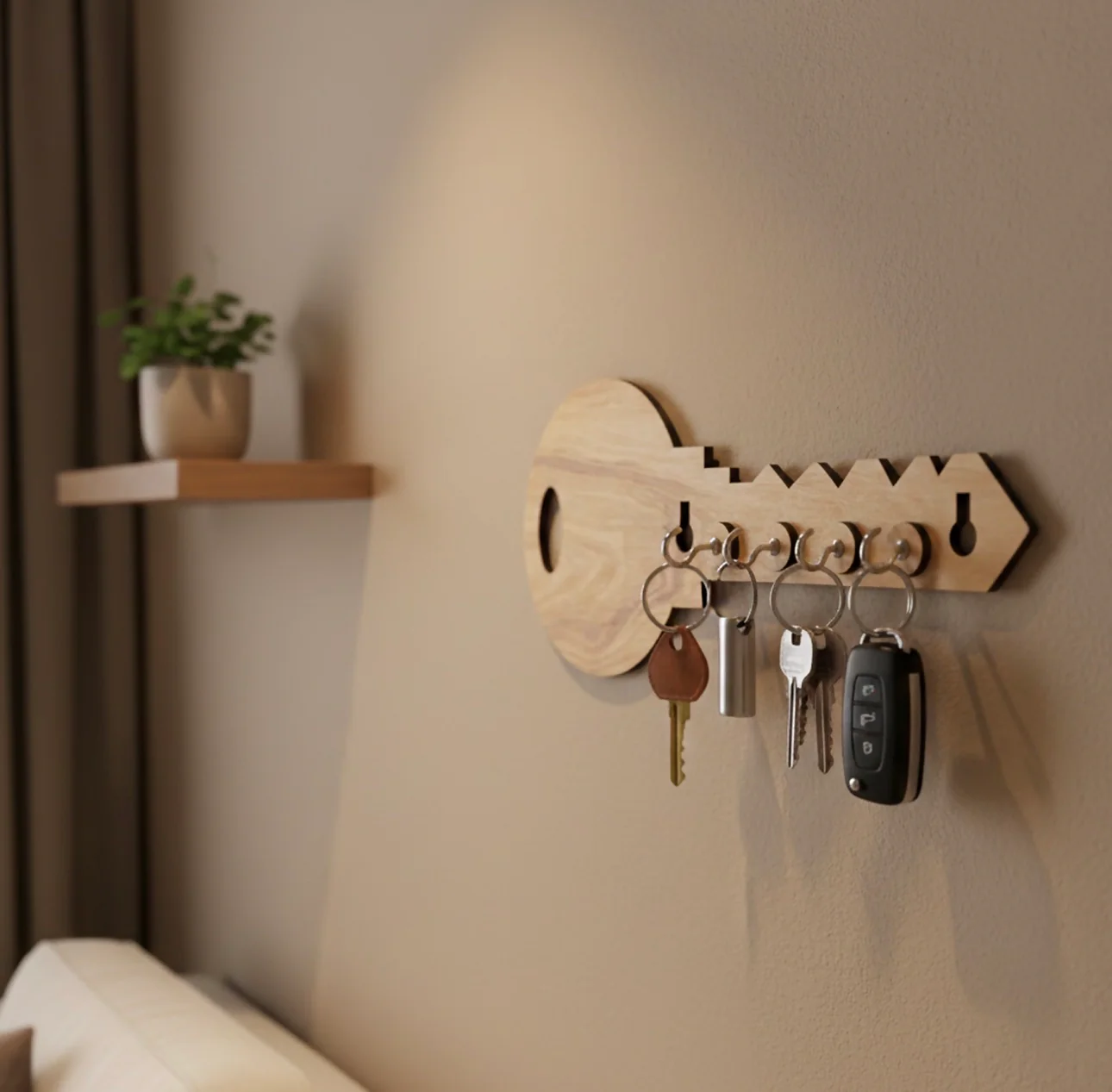 Key-Shaped Wooden Key Holder For Wall - Decorative Maf Wall Key Organizer | Modern Home Décor Key Stand