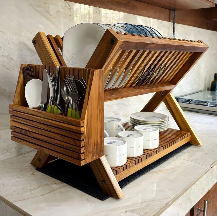 Premium Solid Teak Wood Dish Drying Rack with Cutlery Holder