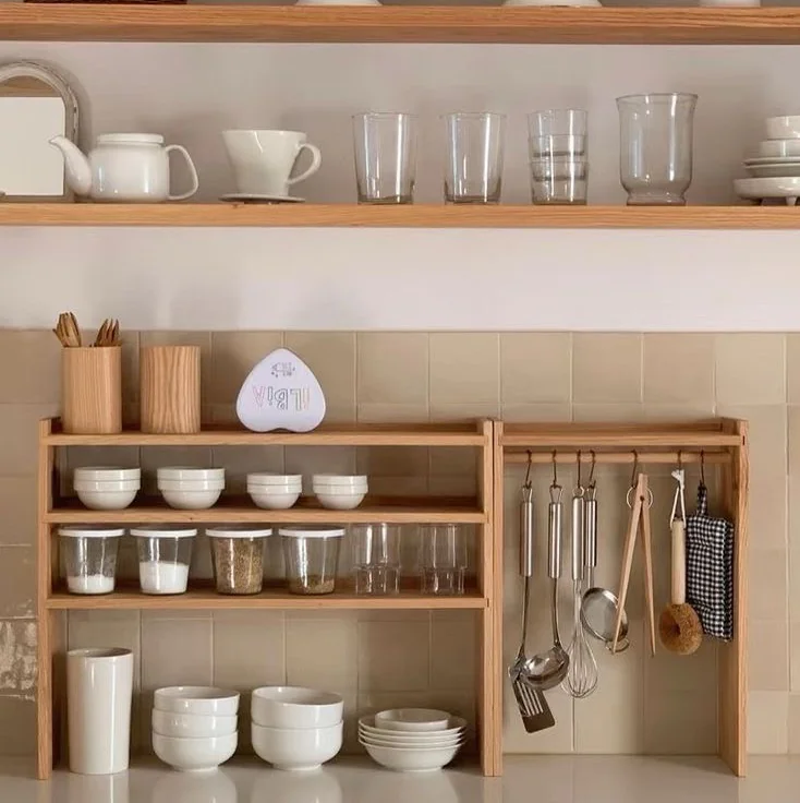 Premium Wood Kitchen Counter Organizer Rack with Hanging Section