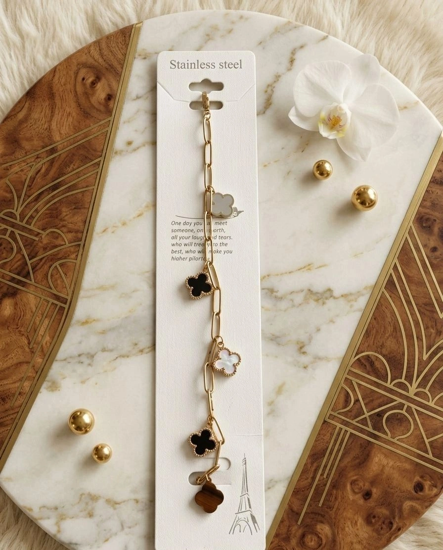 Stainless steel clover charm bracelet