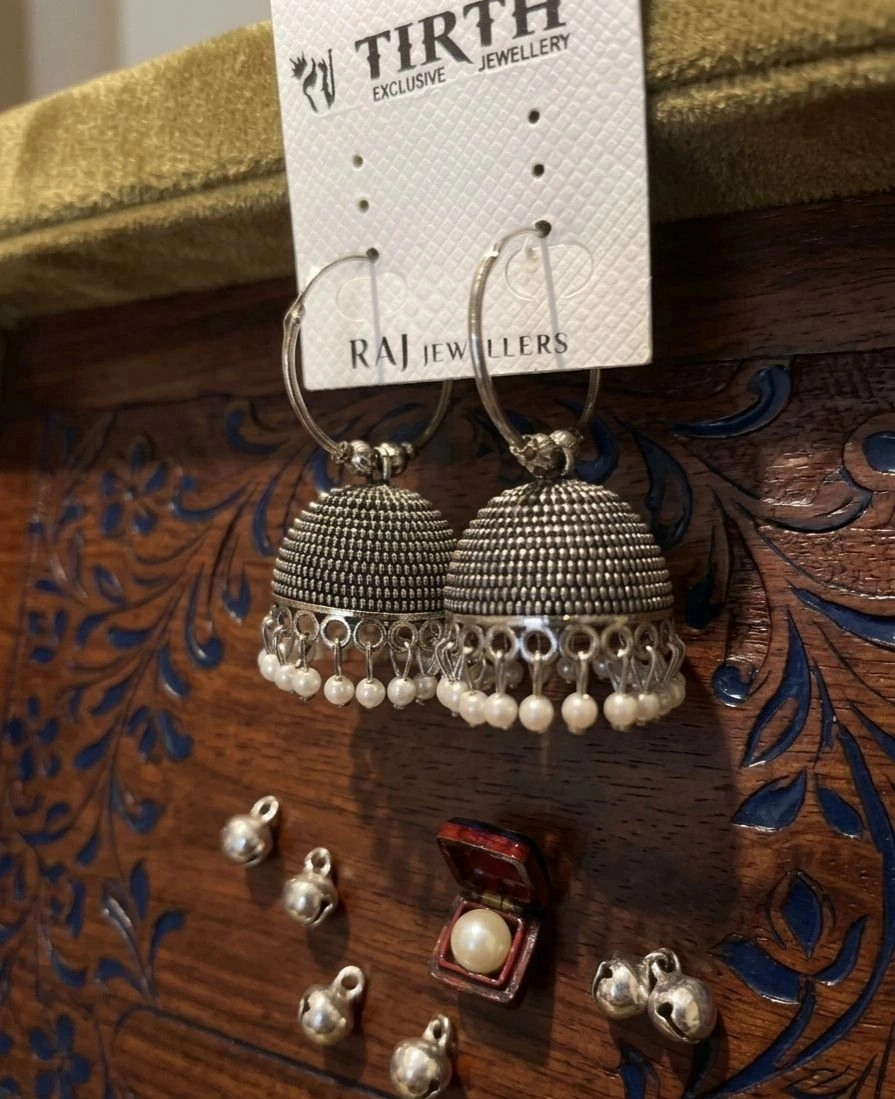 Oxidized Silver Hoop Jhumka Earrings 1