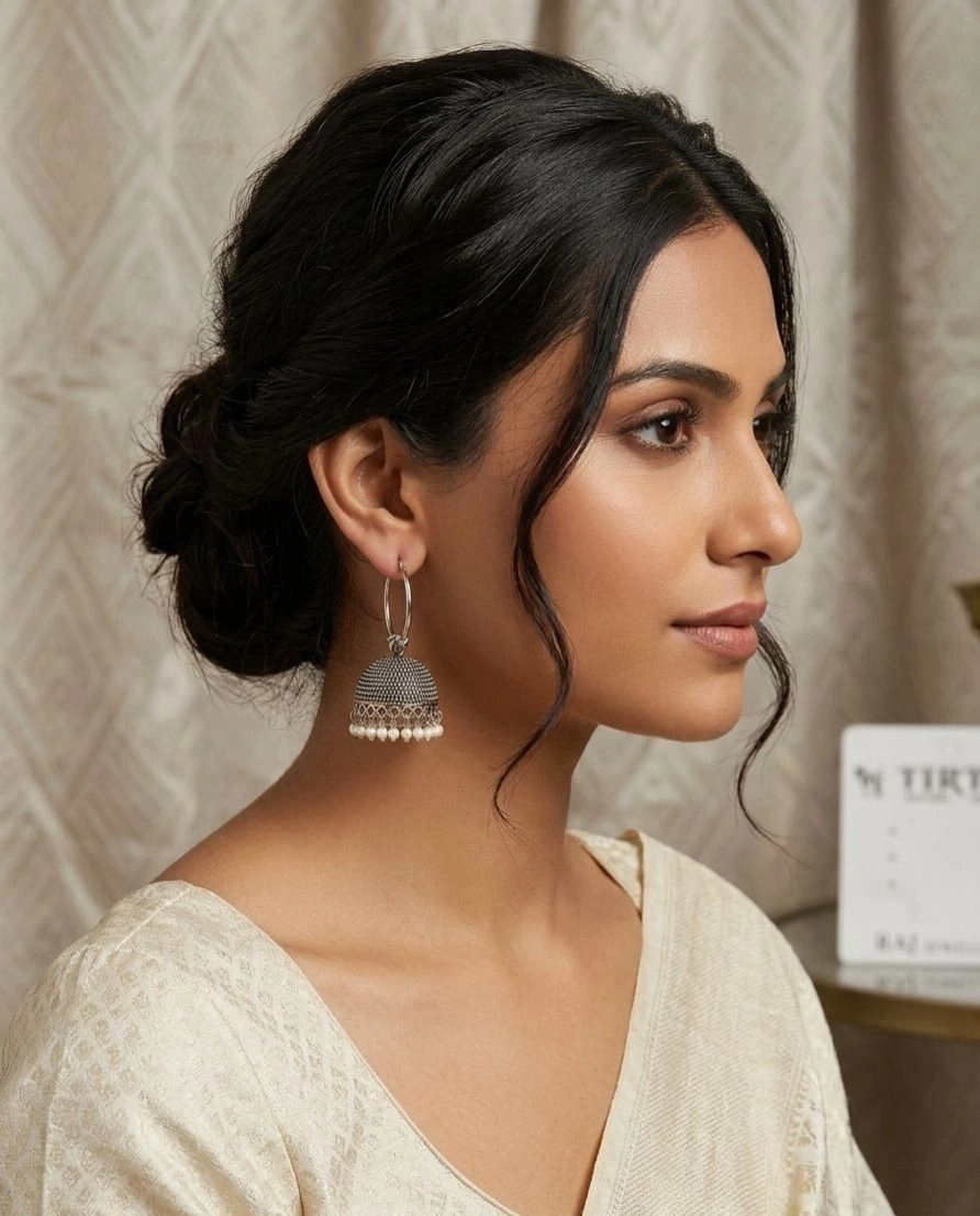 Oxidized Silver Hoop Jhumka Earrings 2