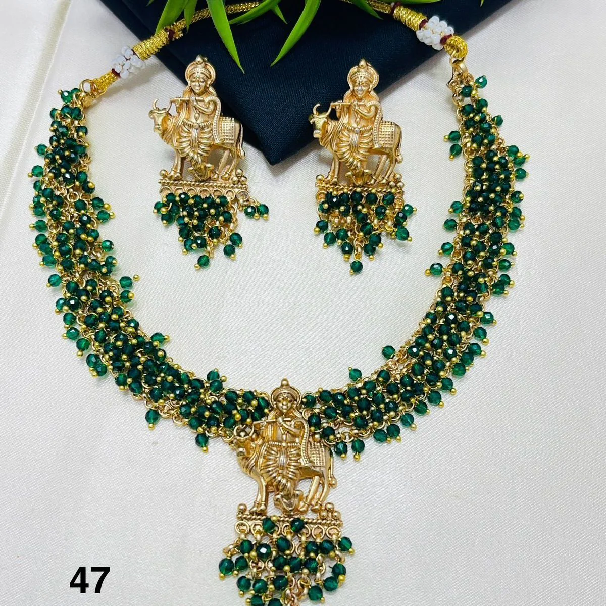 Emerald Krishna Temple Beads Necklace Set