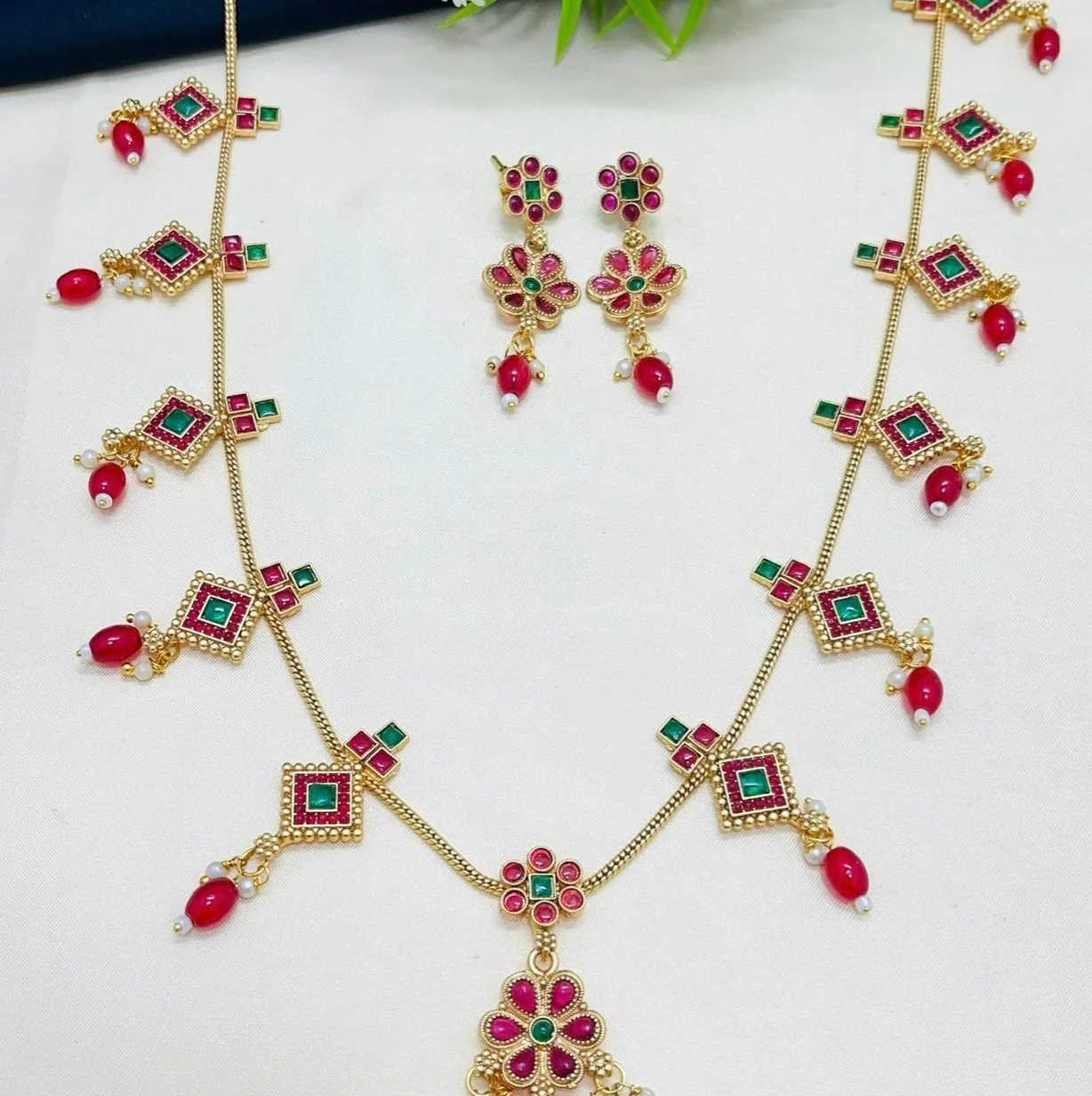 Ruby Emerald Floral Long Necklace Set