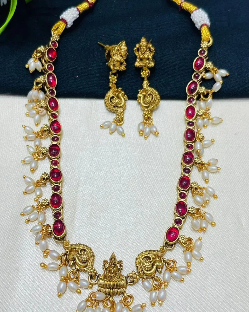 Divine Lakshmi Ruby Pearl Long Haram Set