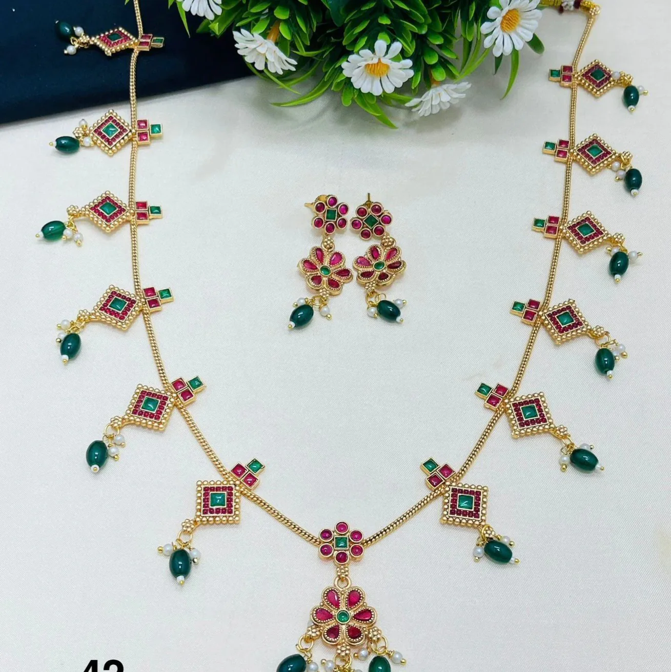 Ruby Emerald Floral Long Necklace Set 2