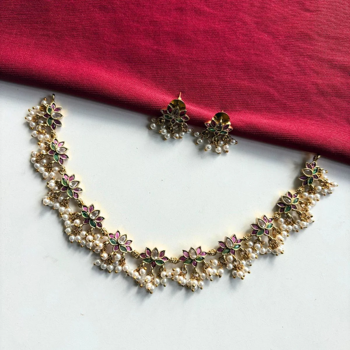 Pastel Lotus Pearl Drop Choker Set