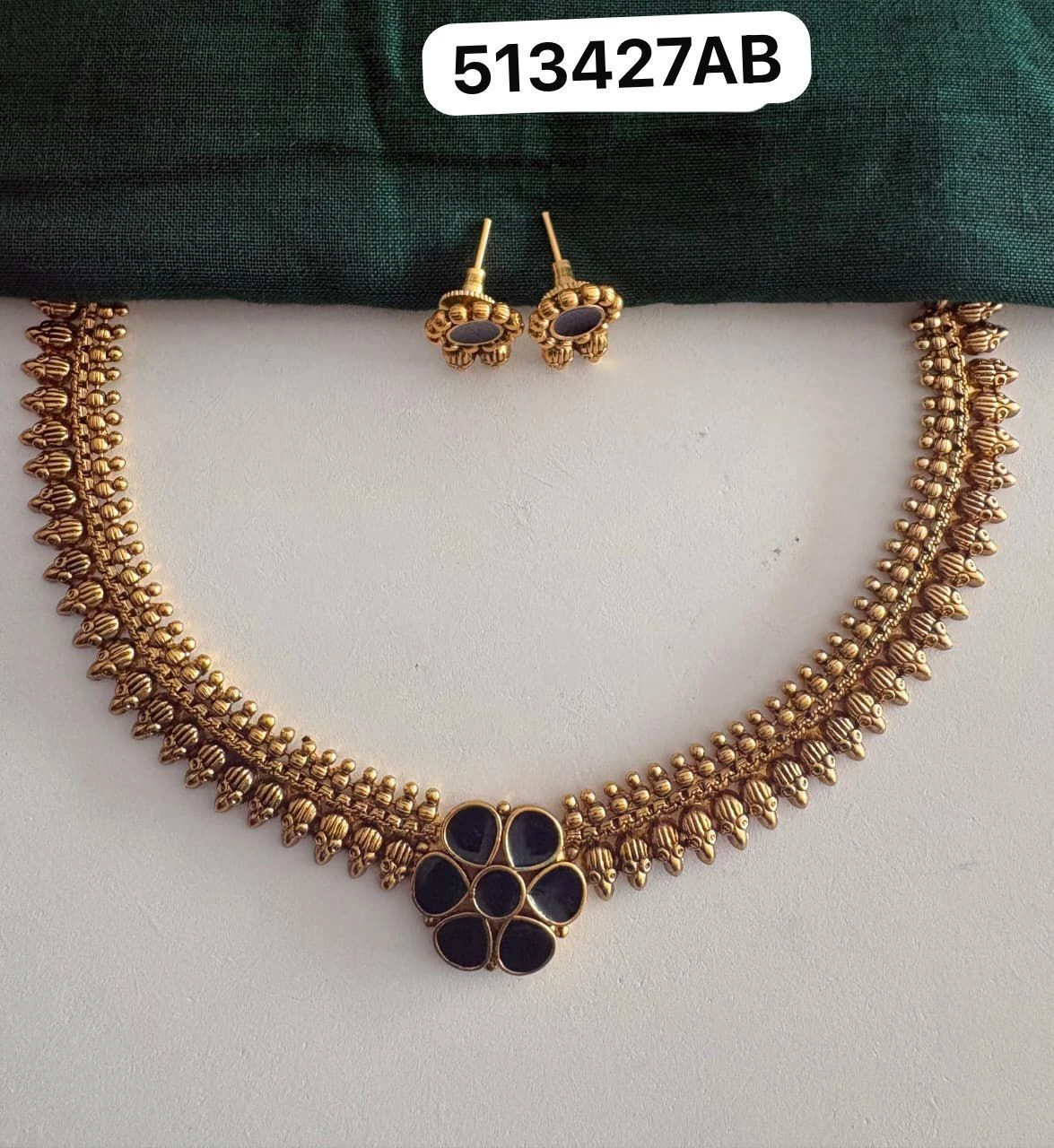 Keerthana Matte Gold Floral Necklace Set – Elegant South Indian Ethnic Jewellery