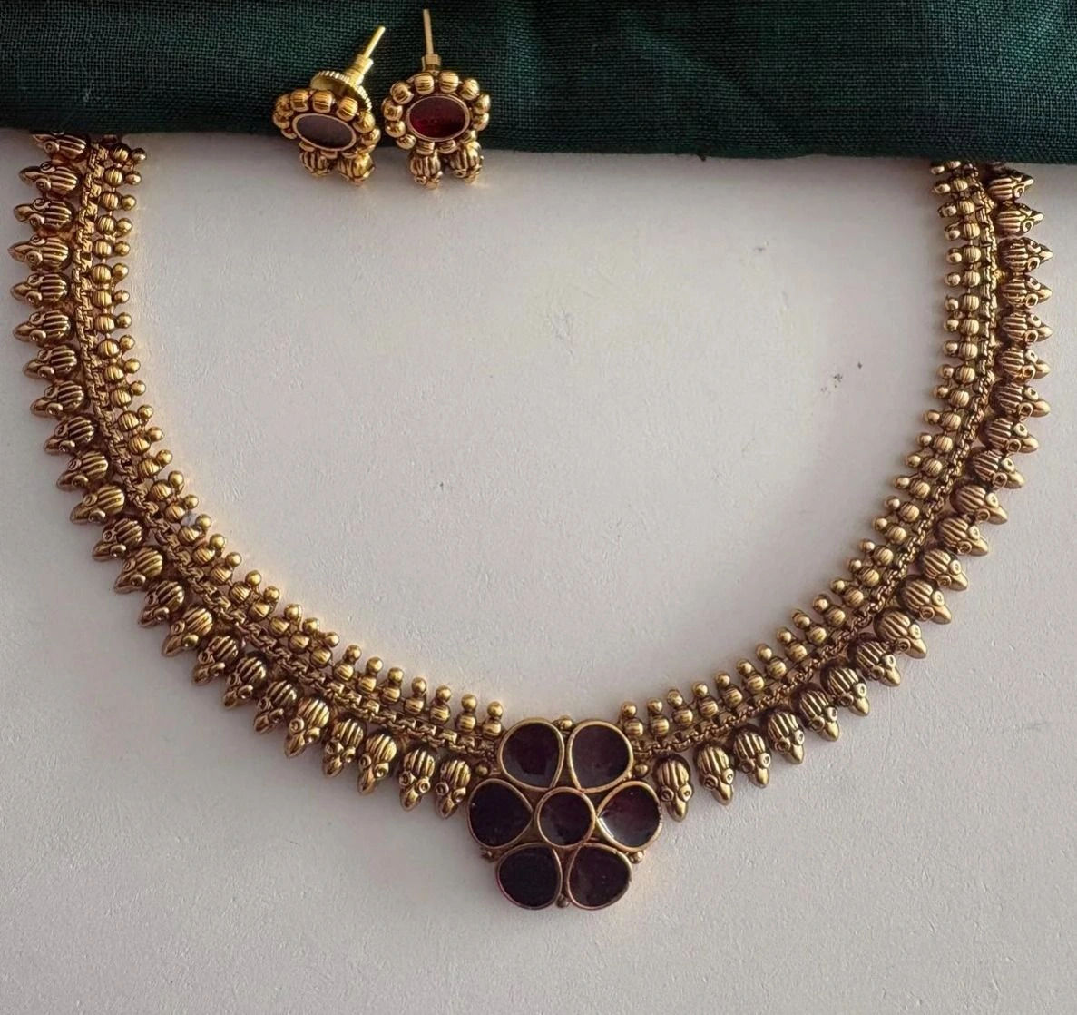 Keerthana Matte Gold Floral Necklace Set – Elegant South Indian Ethnic Jewellery