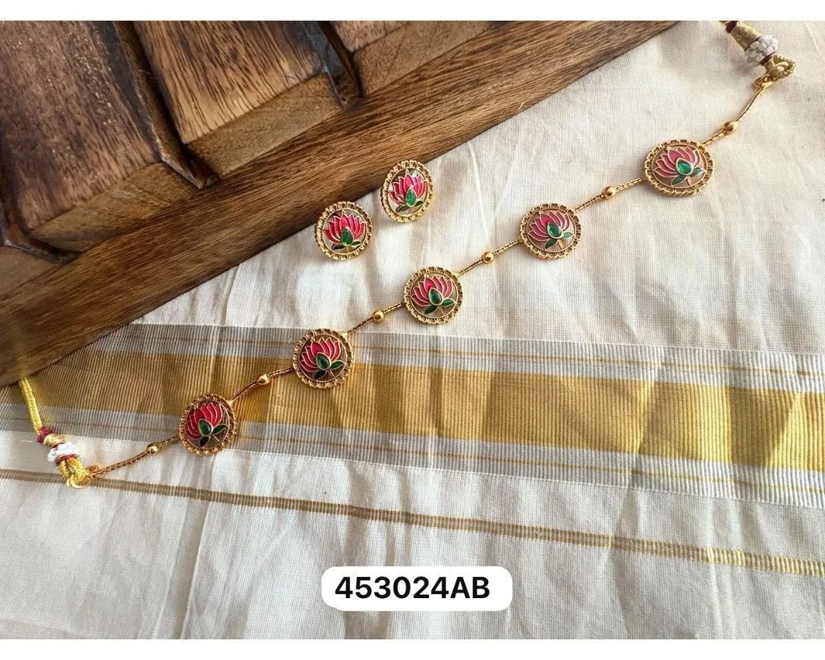 Vishu Lotus Matte Gold Necklace Set – Elegant Kerala Festive Jewellery