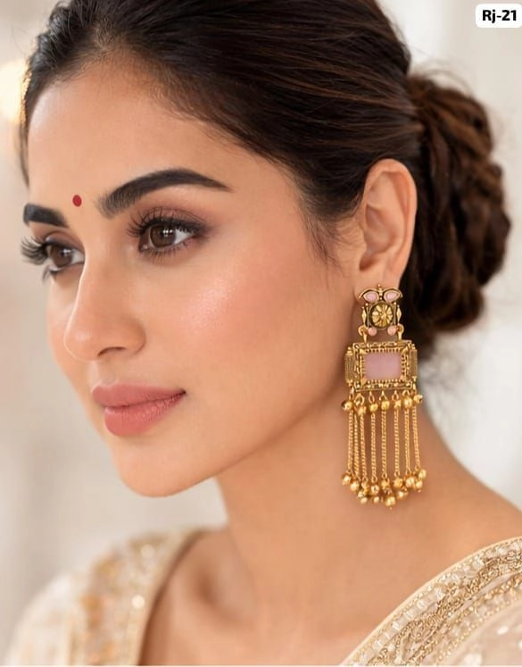 Royal Pink Temple Tassel Earrings – Premium Ethnic Designer Jhumka Earrings