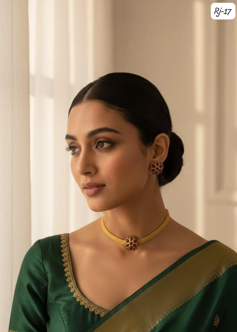 Royal Kemp Flower Choker Set – Traditional Matte Gold Temple Jewellery