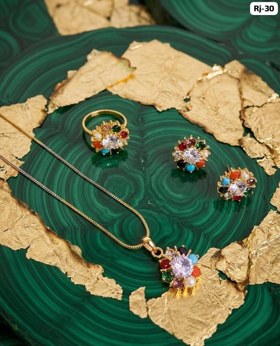 Royal Navaratna Floral Jewellery Set – Elegant Multicolor Stone Necklace, Earrings & Ring