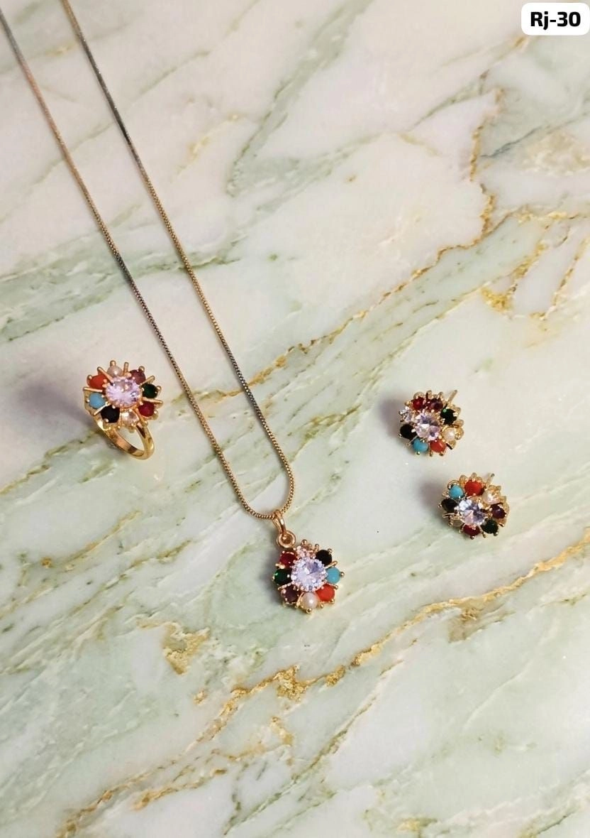 Royal Navaratna Floral Jewellery Set – Elegant Multicolor Stone Necklace, Earrings & Ring