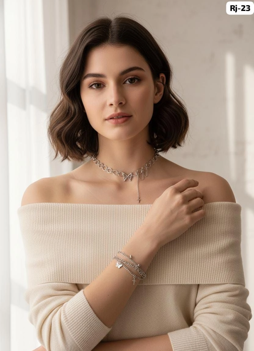 Celeste Butterfly Silver Charm Jewellery Set – Elegant Necklace & Bracelet Combo