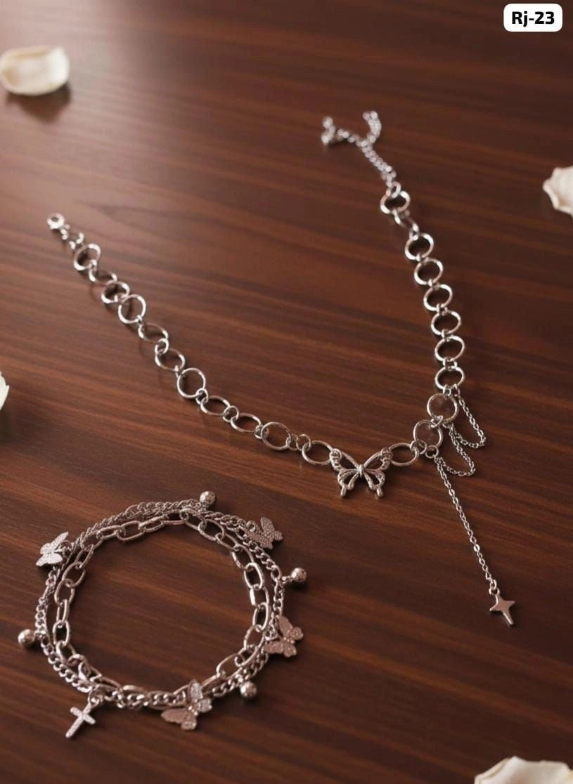 Celeste Butterfly Silver Charm Jewellery Set – Elegant Necklace & Bracelet Combo