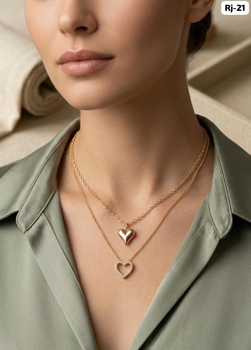 Elegant Double Heart Layered Necklace – Romantic Gold Finish Pendant Chain