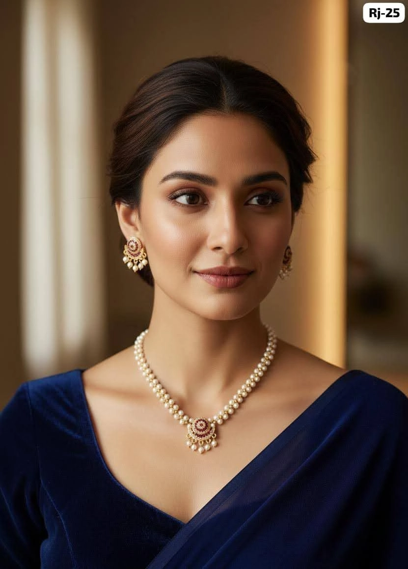 Royal Pearl Ruby Pendant Necklace Set – Elegant Traditional Pearl Jewellery