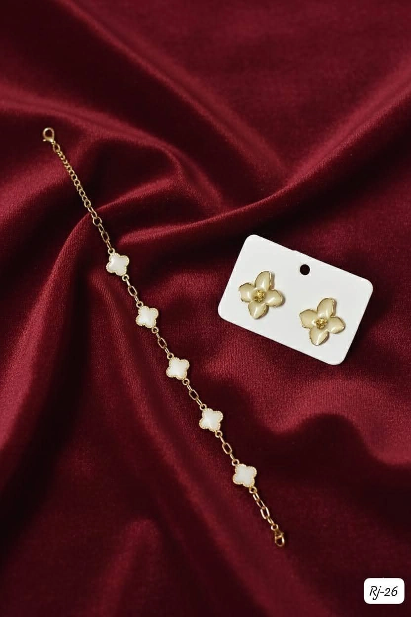 Elegant Clover Charm Bracelet & Floral Stud Earrings Set – Premium Gold Finish Jewellery