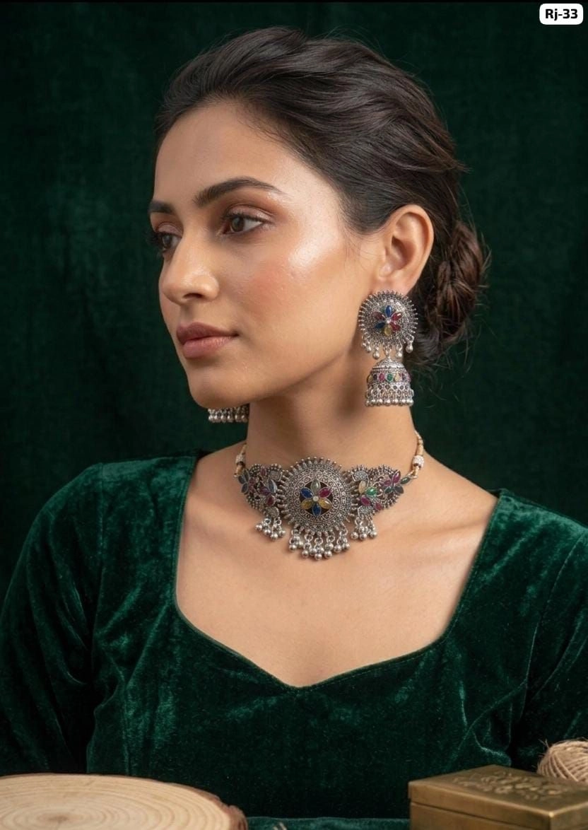 Royal Oxidised Floral Choker Set – Antique Jhumka Choker Jewellery