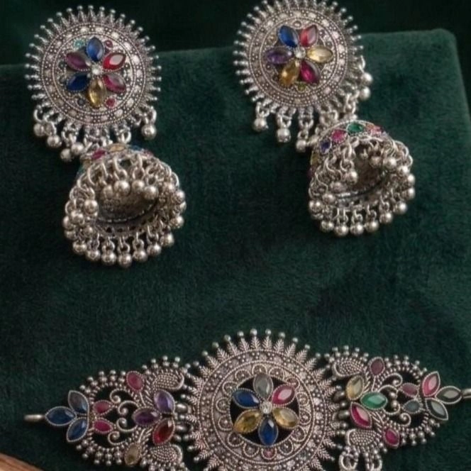 Royal Oxidised Floral Choker Set – Antique Jhumka Choker Jewellery 2