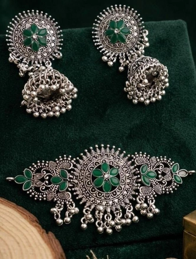 Royal Oxidised Floral Choker Set – Antique Jhumka Choker Jewellery 5