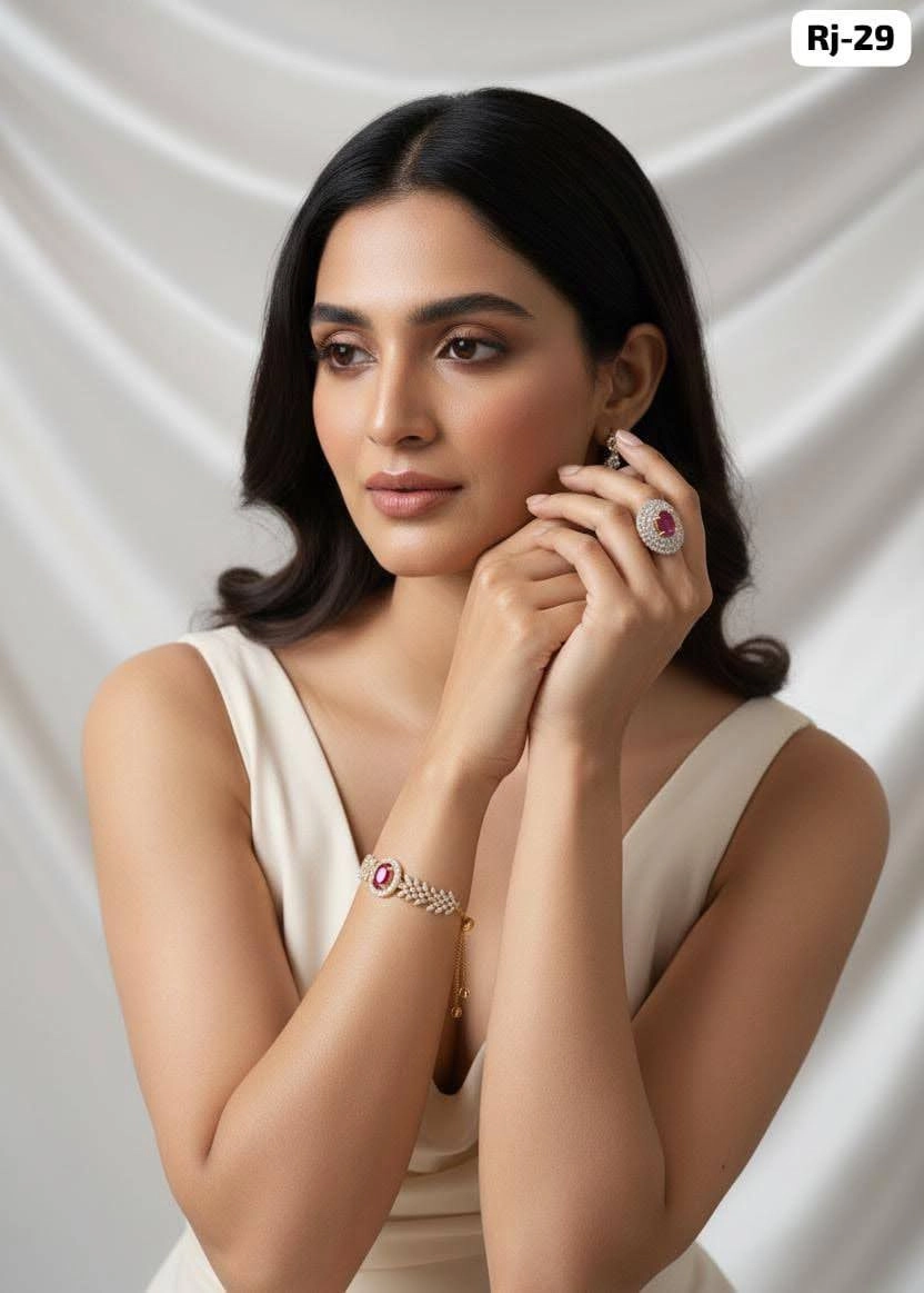 Emerald Luxe Adjustable Bracelet & Crystal Ring Set – Elegant Designer Party Wear Jewellery