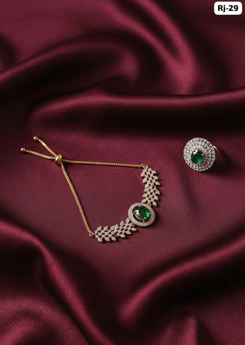 Emerald Luxe Adjustable Bracelet & Crystal Ring Set – Elegant Designer Party Wear Jewellery 2